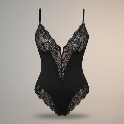 Premium Lace Shaping Bodysuit - Deep V-Neck Floral Embroidery Shapewear for Women