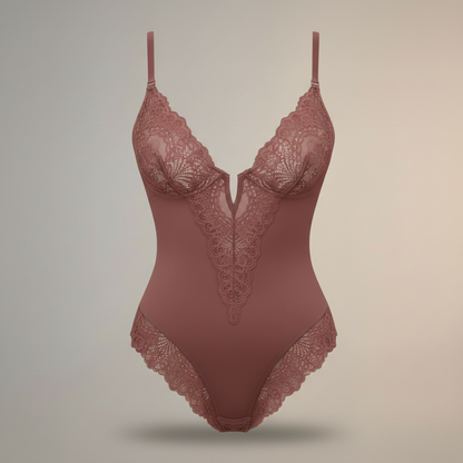 Premium Lace Shaping Bodysuit - Deep V-Neck Floral Embroidery Shapewear for Women