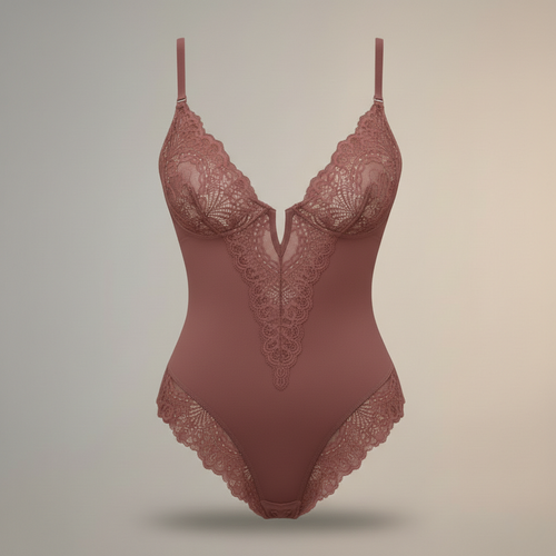 Premium Lace Shaping Bodysuit - Deep V-Neck Floral Embroidery Shapewear for Women