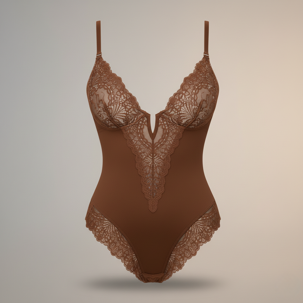 Premium Lace Shaping Bodysuit - Deep V-Neck Floral Embroidery Shapewear for Women