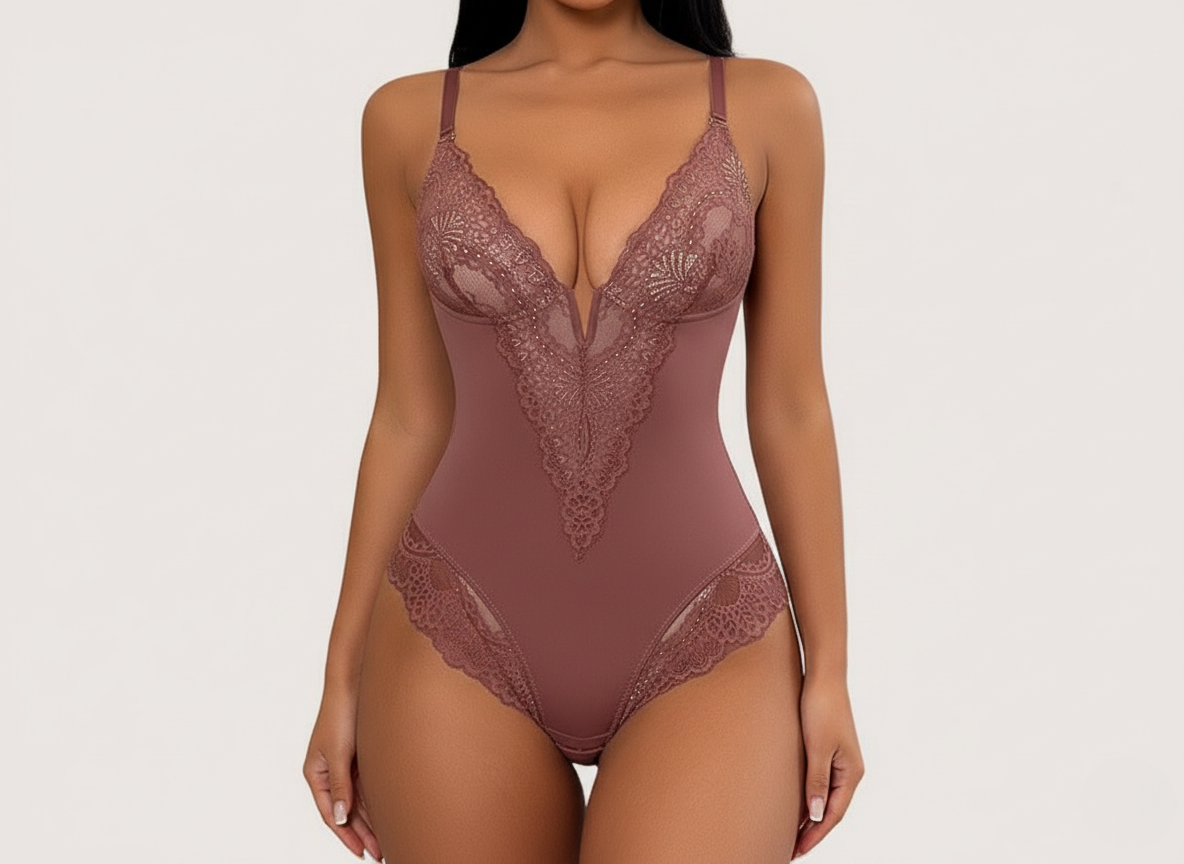Premium Lace Shaping Bodysuit - Deep V-Neck Floral Embroidery Shapewear for Women