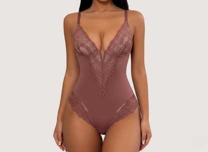 Premium Lace Shaping Bodysuit - Deep V-Neck Floral Embroidery Shapewear for Women