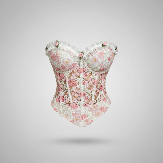 Floral Lace Coquette Bustier Top – Vintage Corset with Rose Detail